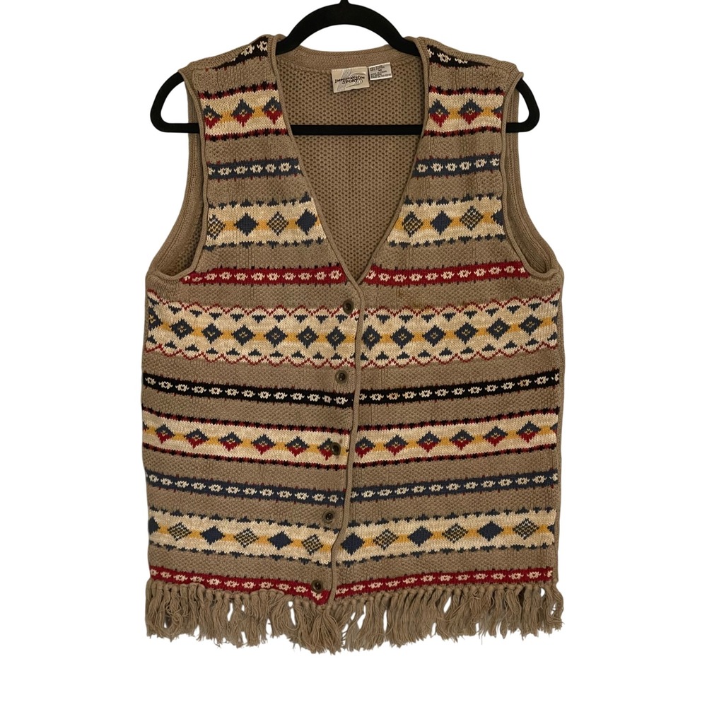 Vintage Southwestern Knit Fringe Sweater Vest Tan Womens Medium Boho‎ Indie